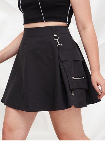 Gothic Flap Pocket D-ring Belt Mini Skirt - BLACK - 4XL