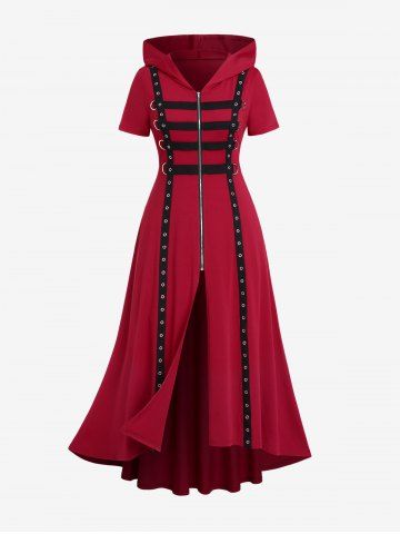Gothic Hooded Grommets D-ring Zip Front Long Top - RED - 4X | US 26-28