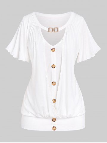 T-shirt Découpé Manches Bouffantes de Grande Taille à Ourlet en Laitue avec Boutons - WHITE - M | US 10