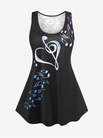 Plus Size Musical Note Print Lace Panel Two Tone Tank Top