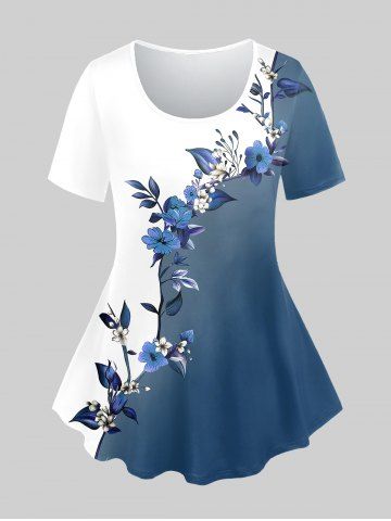 T-shirt Bicolore Fleur Imprimée de Grande Taille à Manches Courtes - BLUE - 2X | US 18-20