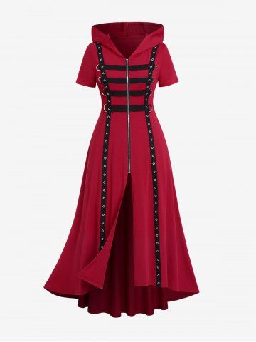 Gothic Hooded Grommets D-ring Zip Front Long Top - RED - M | US 10
