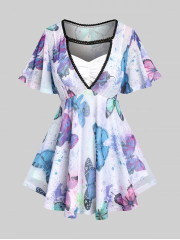 Plus Size Ruched Butterfly Printed Flutter Sleeves 2 in 1 Tee - MULTI - L | US 12