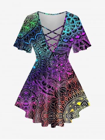 Plus Size Ethnic Printed Crisscross Short Sleeves Tee - MULTI-A - 4X | US 26-28