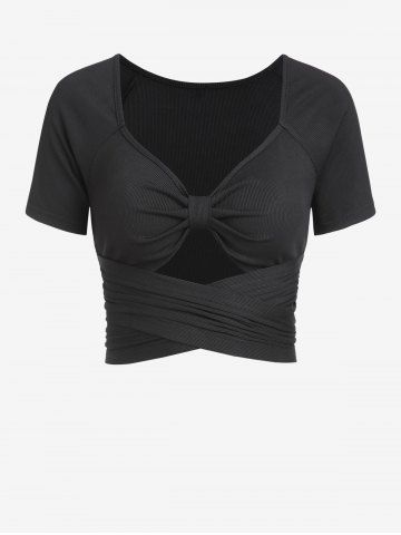 Raglan Sleeve Ribbed Knot Cutout Criss Cross Tie Back Crop T Shirt - BLACK - S