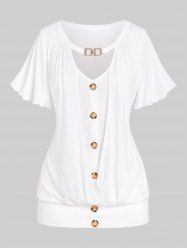 T-shirt Découpé Manches Bouffantes de Grande Taille à Ourlet en Laitue avec Boutons - Blanc M | US 10