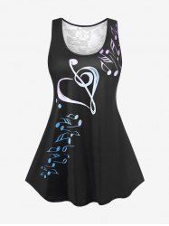 Plus Size Musical Note Print Lace Panel Two Tone Tank Top -  