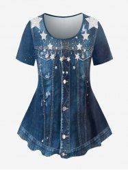Plus Size 3D Jeans Star Printed Short Sleeves Tee -  