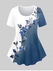 T-shirt Bicolore Fleur Imprimée de Grande Taille à Manches Courtes - Bleu 2X | US 18-20