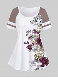 T-shirt Floral Imprimé de Grande Taille à Manches Raglan - Blanc 4X | US 26-28