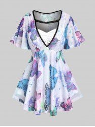 Plus Size Ruched Butterfly Printed Flutter Sleeves 2 in 1 Tee -  