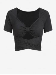 Raglan Sleeve Ribbed Knot Cutout Criss Cross Tie Back Crop T Shirt -  
