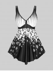 Plus Size Stripes Flower Printed Backless Padded Modest Tankini Swimsuit -  