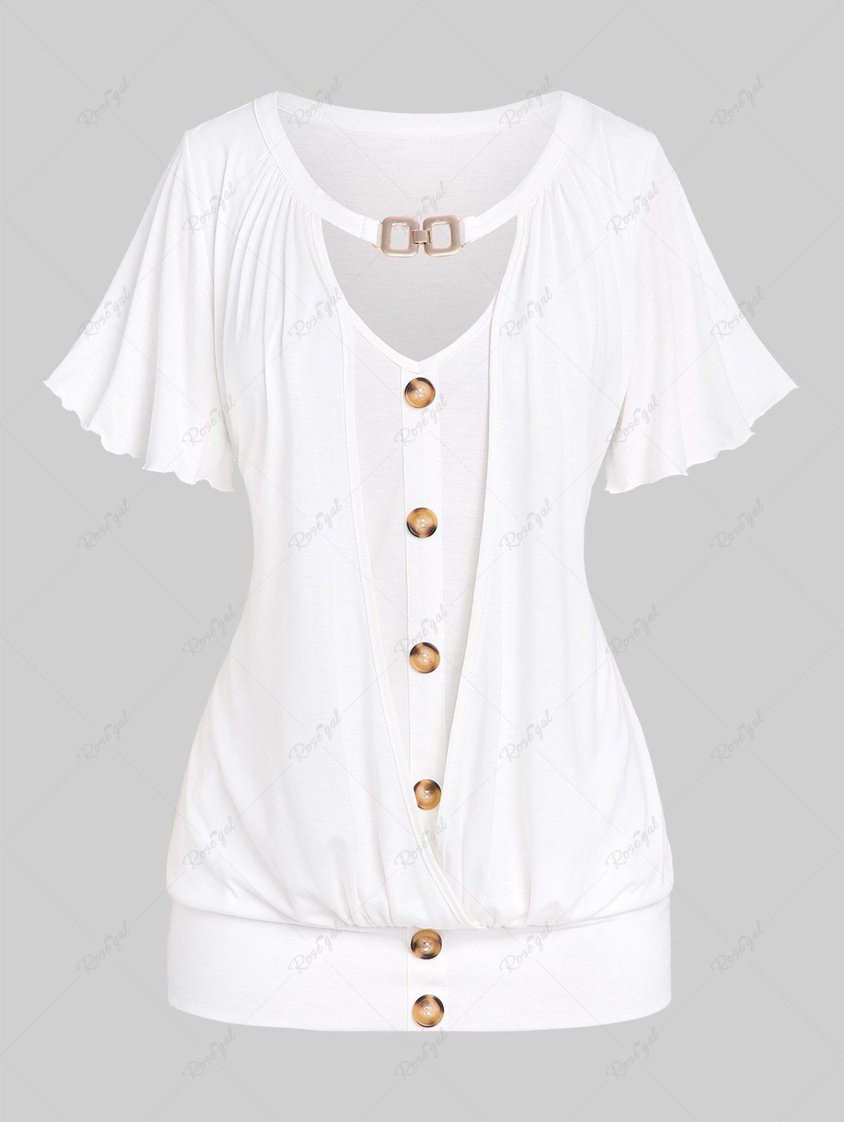T-shirt Découpé Manches Bouffantes de Grande Taille à Ourlet en Laitue avec Boutons Blanc L | US 12