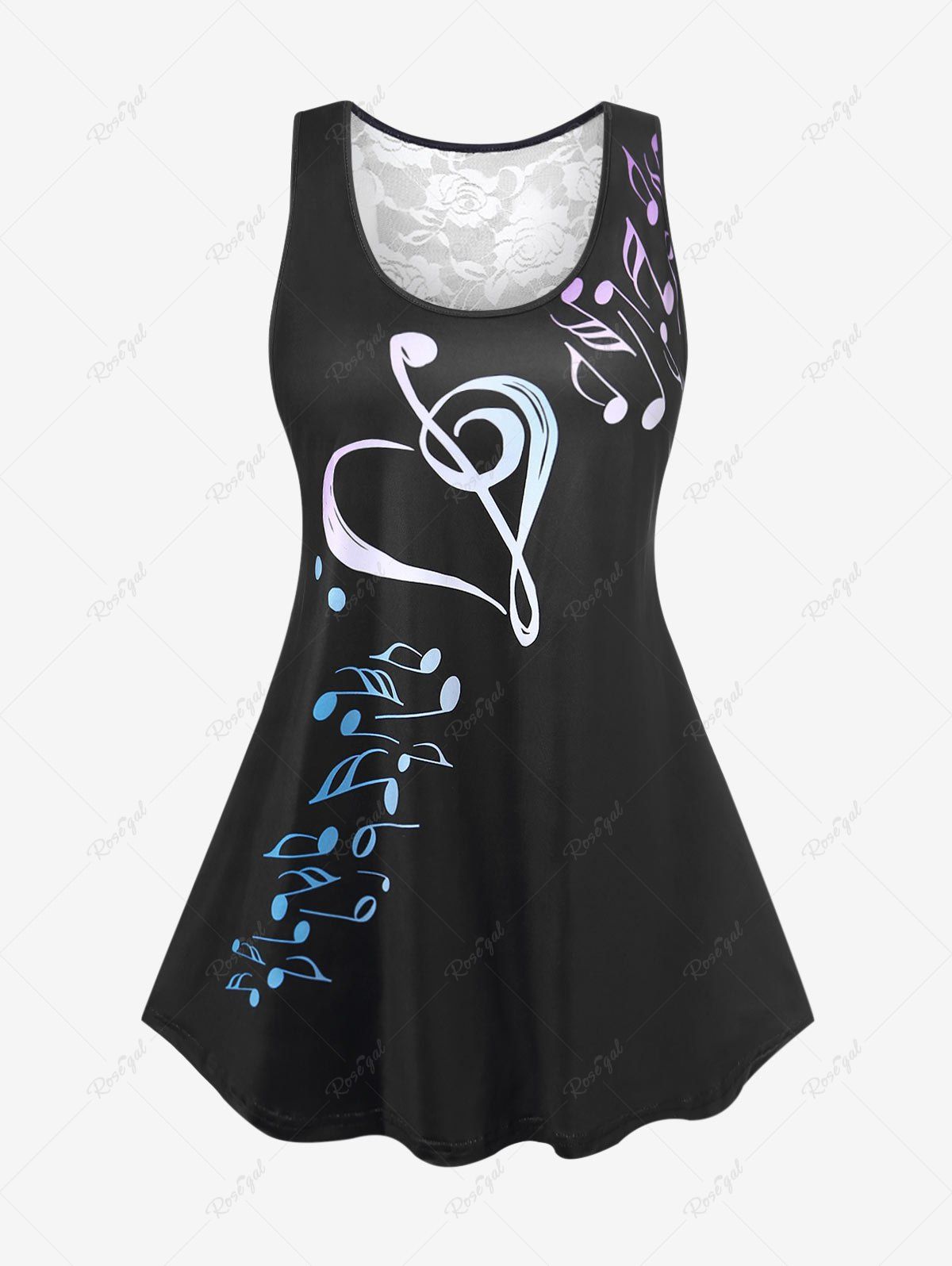 Outfits Plus Size Musical Note Print Lace Panel Two Tone Tank Top  