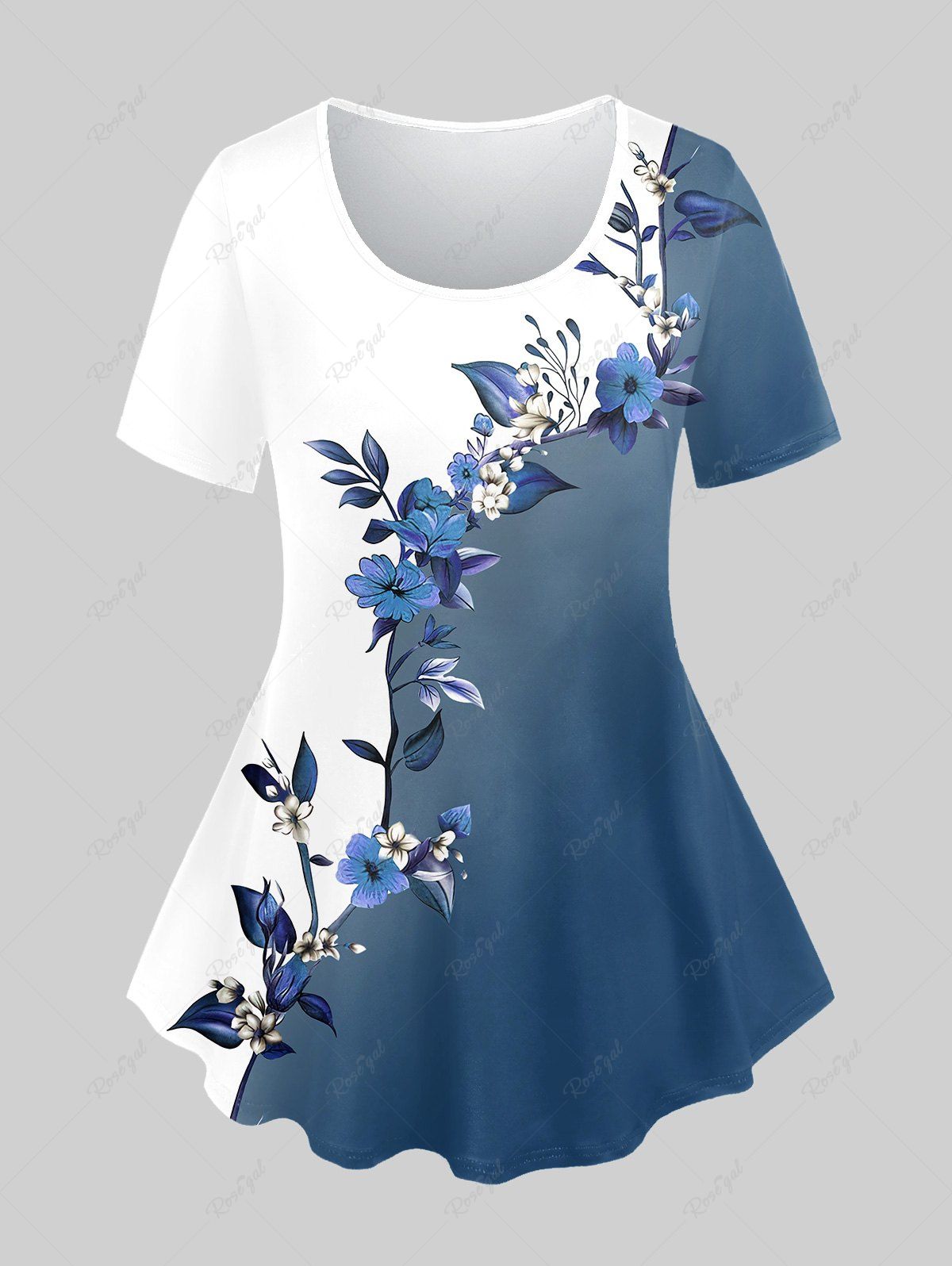T-shirt Bicolore Fleur Imprimée de Grande Taille à Manches Courtes Bleu 2X | US 18-20