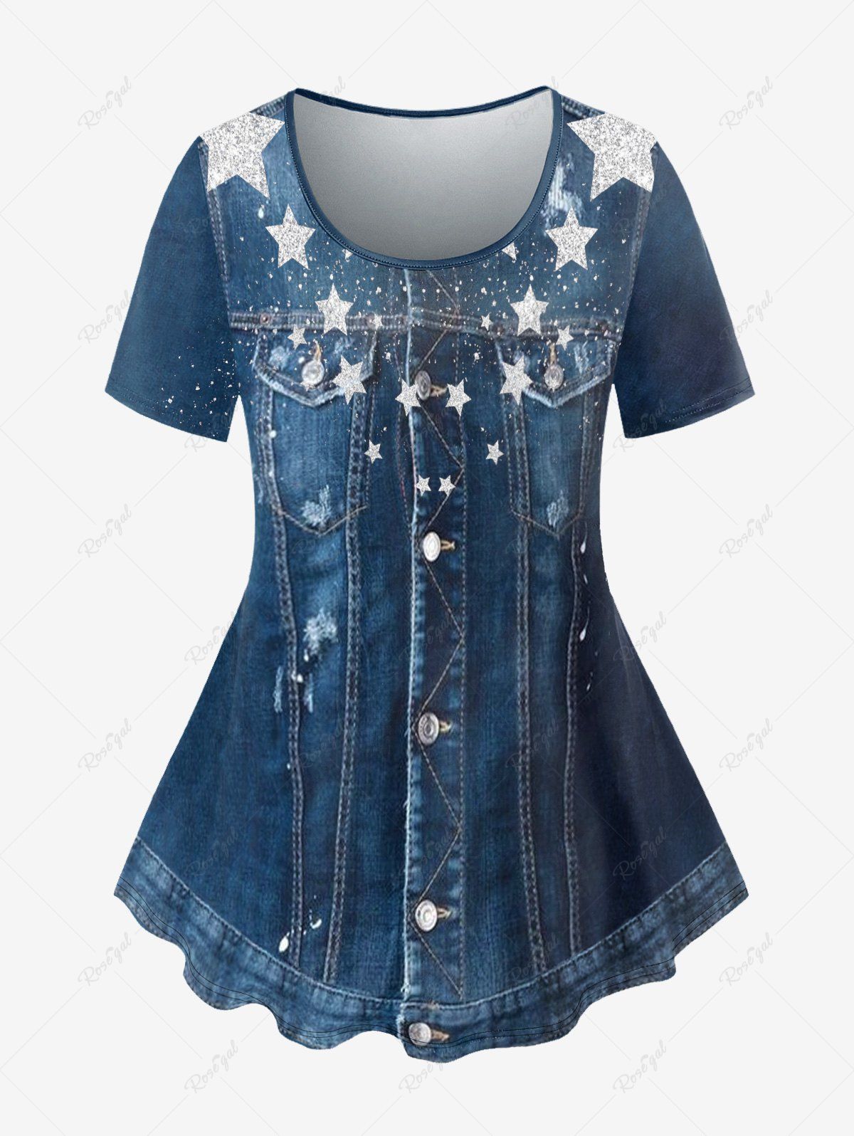 Discount Plus Size 3D Jeans Star Printed Short Sleeves Tee  