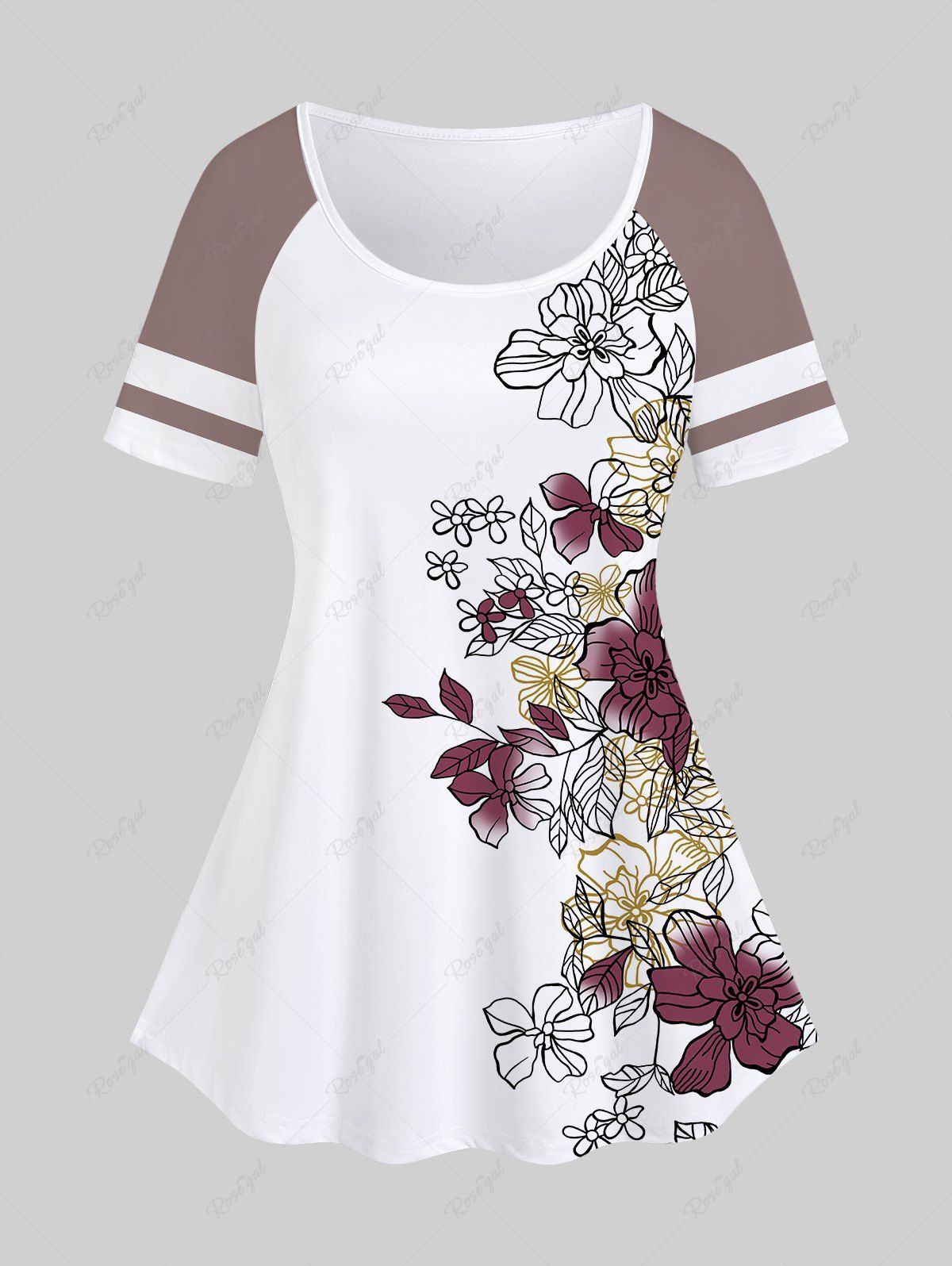 T-shirt Floral Imprimé de Grande Taille à Manches Raglan Blanc 4X | US 26-28