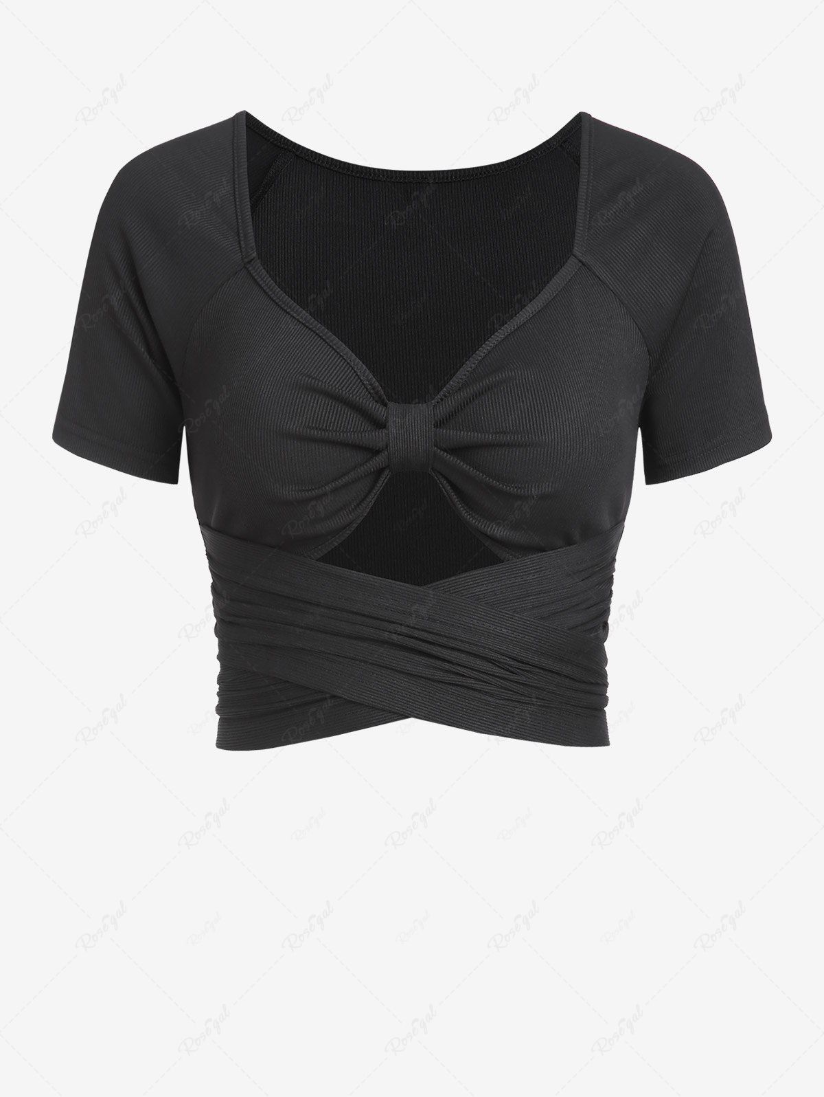 Discount Raglan Sleeve Ribbed Knot Cutout Criss Cross Tie Back Crop T Shirt  