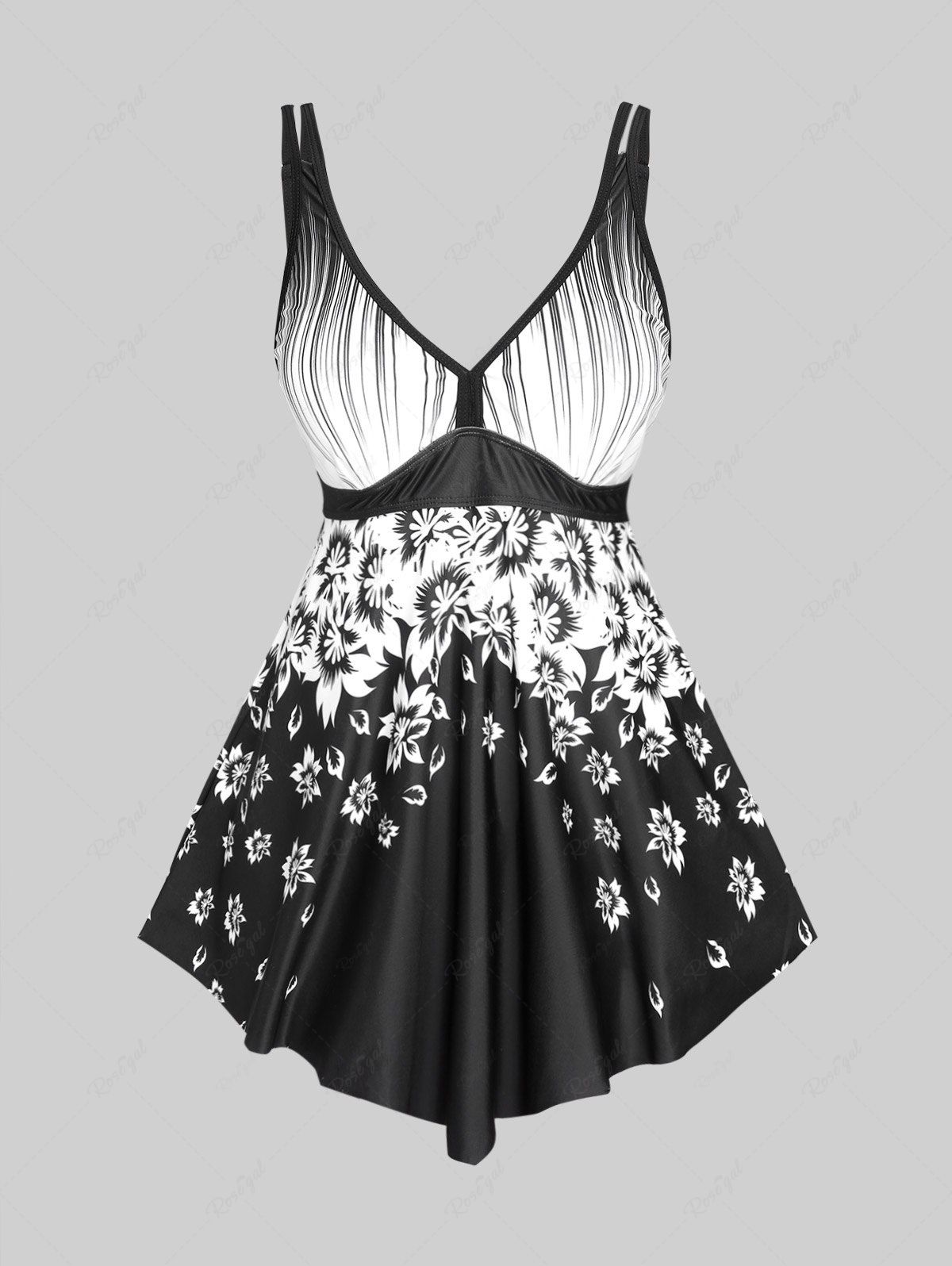 Online Plus Size Stripes Flower Printed Backless Padded Modest Tankini Swimsuit  