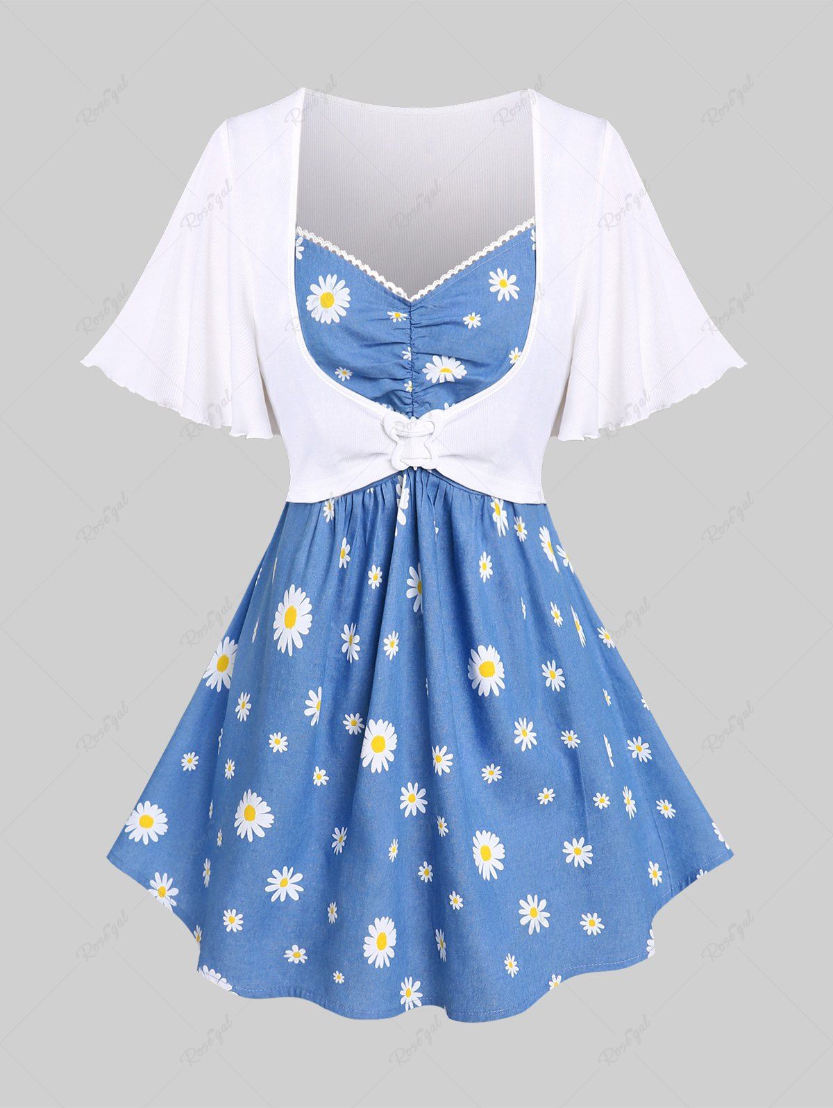 Outfit Plus Size Ruched Daisy Printed Flutter Sleeves 2 in 1 Tee  