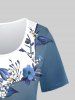 T-shirt Bicolore Fleur Imprimée de Grande Taille à Manches Courtes - Bleu 2X | US 18-20