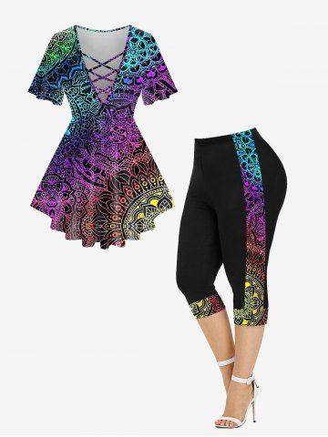 Ethnic Printed Crisscross Tee and Skinny Leggings Plus Size Summer Matching Set - MULTI-A