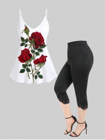 Floral Print Cami Top and Lace Trim Rhinestones Skinny Capri Leggings Plus Size Outfit - WHITE