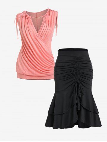 Ruched Keyhole Surplice Tank Top and Flounce Mermaid Midi Skirt Plus Size Summer Outfit - LIGHT PINK