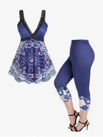 Plunge Lace Panel Tribal Tank Top and Floral Capri Leggings Plus Size Summer Outfit - BLUE