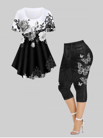 Colorblock Floral Print T-shirt and 3D Denim Butterfly Printed Capri Leggings Plus Size Outfits - BLACK