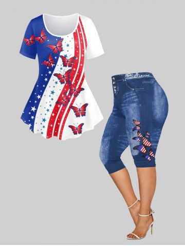 Patriotic American Flag Butterfly Print T-shirt and Capri Jeggings Plus Size Outfits - BLUE