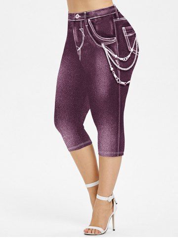 Plus Size 3D Chain Jeans Printed Capri Jeggings - DEEP RED - S | US 8