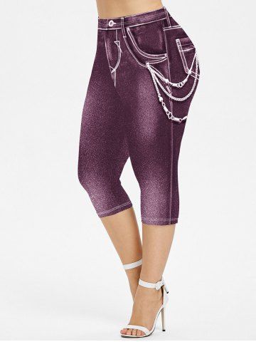 Legging Capri 3D Chaîne Imprimée en Jean de Grande Taille - DEEP RED - M | US 10