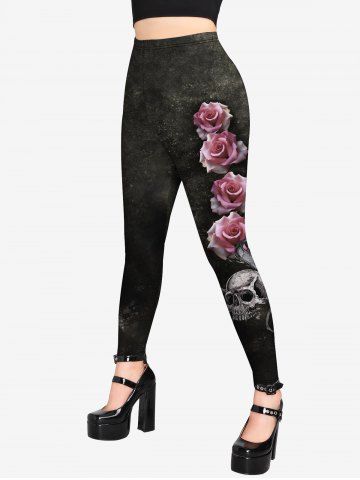 Gothic Rose Skull Print Leggings - BLACK - 2X | US 18-20