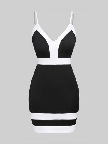 Plus Size Monochrome Plunging Backless Bodycon Mini Cami Dress - BLACK - L | US 12