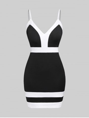 Mini Robe Moulante à Bretelle Plongeante Noire et Blanche de Grande Taille - BLACK - 3X | US 22-24
