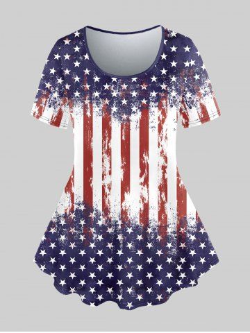 T-shirt Imprimé Drapeau Américain Patriotique à Manches Courtes Grande Taille - DEEP BLUE - 3X | US 22-24