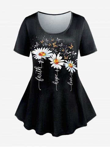 Plus Size Sunflower Butterfly Printed Short Sleeves Tee - BLACK - 3X | US 22-24