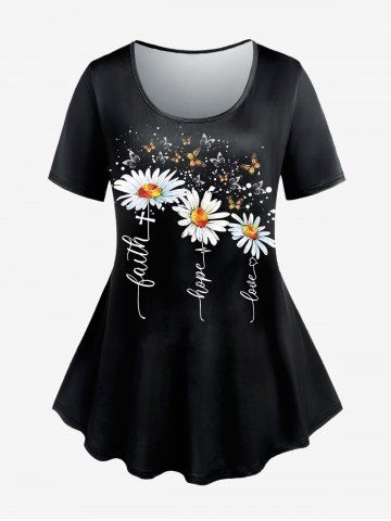 Plus Size Sunflower Butterfly Printed Short Sleeves Tee - BLACK - 4X | US 26-28