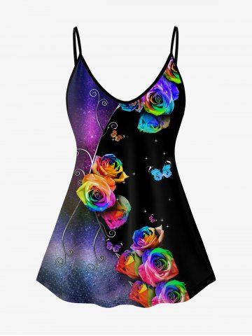 Plus Size Colorful Rose Butterfly Print Cami Top (Adjustable Straps) - MULTI-A - M | US 10