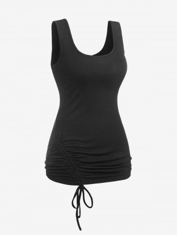 Plus Size Cinched Ruched Solid Ribbed Tank Top - BLACK - L | US 12