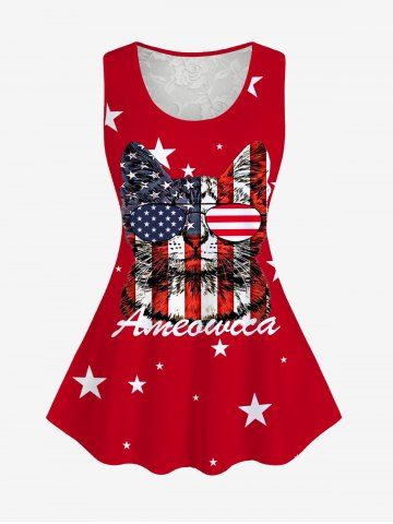 Plus Size Patriotic American Flag Cat Graphic Lace Panel Tank Top - RED - 3X | US 22-24