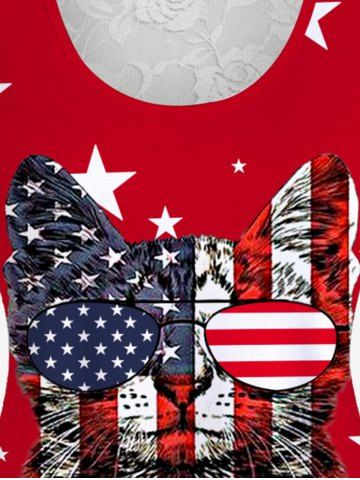 Plus Size Patriotic American Flag Cat Graphic Lace Panel Tank Top