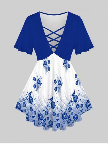 Camiseta Dos Tonos Mangas Cortas Diseño Impreso Floral Tamaño Grande - BLUE - 1X | US 14-16