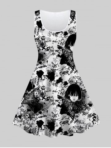 Gothic Anime Graffiti Print Tank Dress - WHITE - 4X | US 26-28