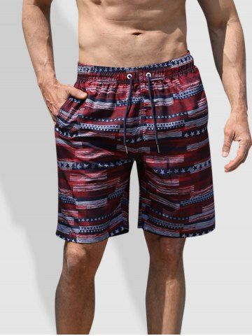 Star Striped Vacation Beach Shorts - DEEP RED - M