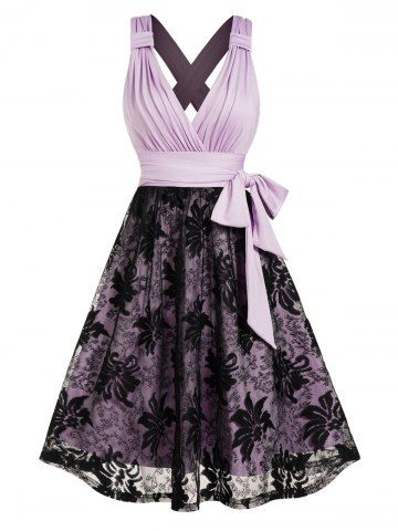 Sheer Leaf Lace Overlay Surplice Plunge Belt Bowknot Mini Dress - LIGHT PURPLE - L