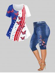 Patriotic American Flag Butterfly Print T-shirt and Capri Jeggings Plus Size Outfits -  