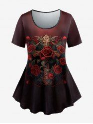 Gothic Rose Cross Print Ombre T-shirt -  